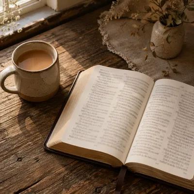 Open Book and Tea on Wooden Table