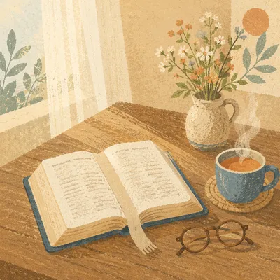 Open Book and Tea on Wooden Table