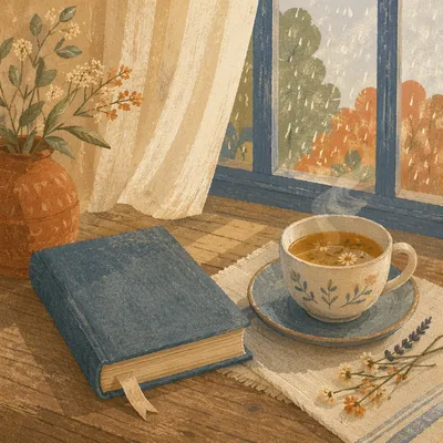 Book and Herbal Tea by Window
