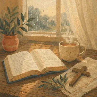 Open Devotional Book and Tea