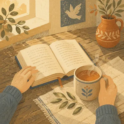 Open Book and Tea on Wooden Table