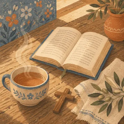 Open Book and Tea on Rustic Table