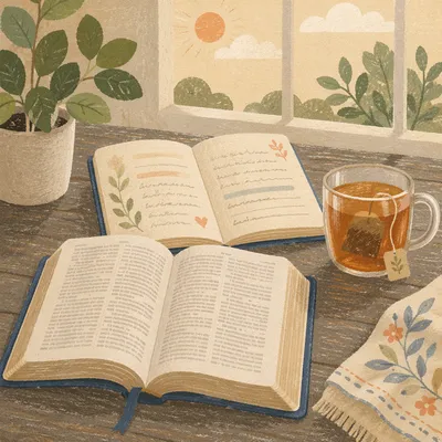 Open Books and Tea on Wooden Table