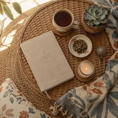 Tea and Journal on Rattan Table