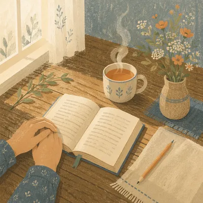Open Book and Tea on Table