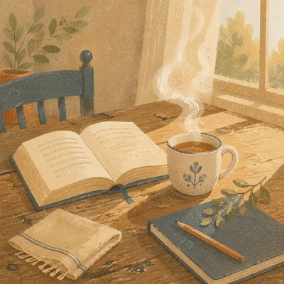 Open Book and Tea on Wooden Table