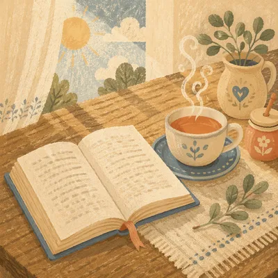 Open Book and Tea on Wooden Table