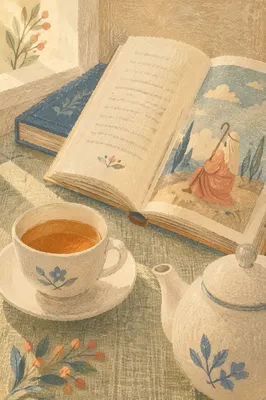 Open Book and Tea on Linen Table
