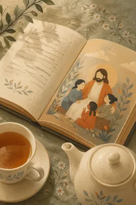 Open Book and Tea on Linen