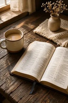 Open Book and Tea on Wooden Table