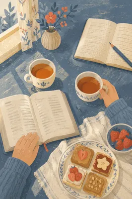 Morning Tea and Open Book Flat Lay
