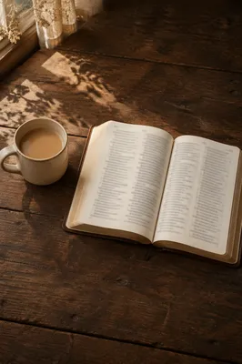 Open Book and Tea on Wooden Table