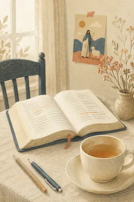 Open Book and Tea on Linen Table