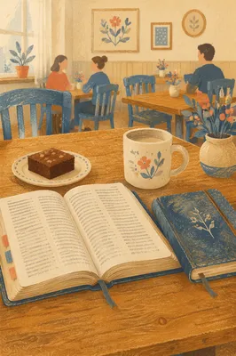 Open Book and Tea on Wooden Table
