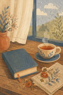 Book and Herbal Tea by Window