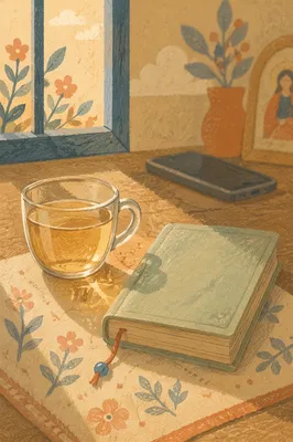 Tea and Booklet on Wooden Table