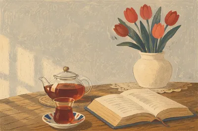 Open Book and Tea on Table