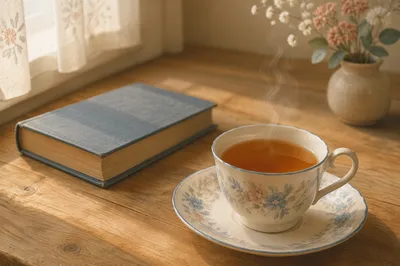 Steaming Tea Cup on Wooden Table