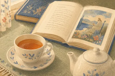 Tea Cup and Open Book Still Life