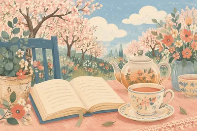 Open Book and Tea on Garden Table