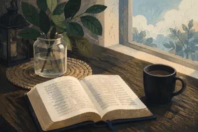 Open Book and Tea on Rustic Table