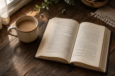 Open Book and Tea on Wooden Table