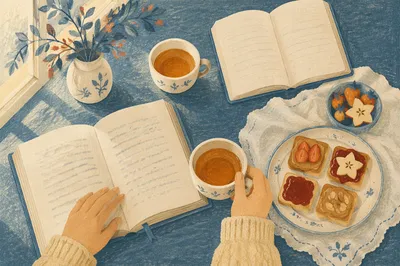 Morning Tea and Open Book Flat Lay