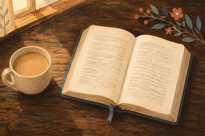 Open Book and Tea on Wooden Table