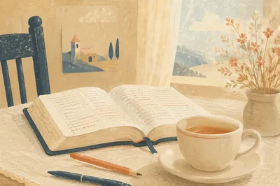 Open Book and Tea on Linen Table