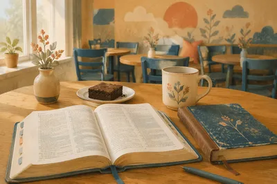 Open Book and Tea on Wooden Table