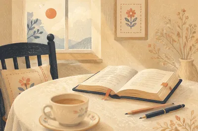 Open Book and Teacup on Table