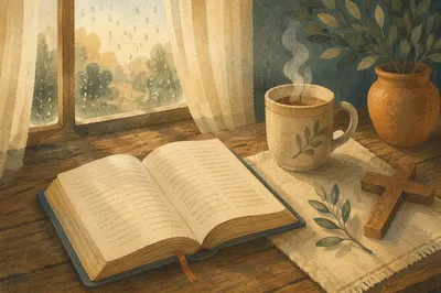 Open Devotional Book and Tea