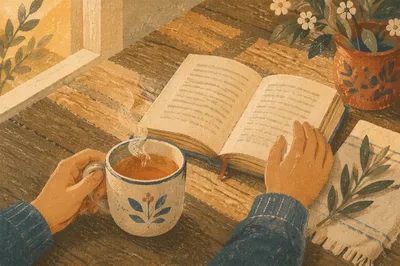 Open Book and Tea on Table