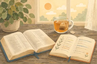 Open Books and Tea on Wooden Table