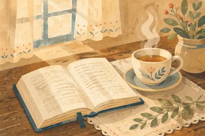 Open Book and Tea on Table