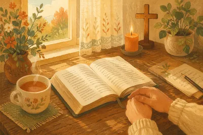 Open Devotional Book with Tea on Table