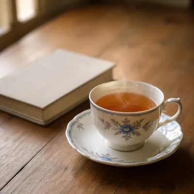 Steaming Tea Cup and Book on Table