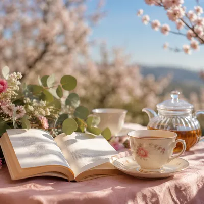 Open Book and Tea on Garden Table