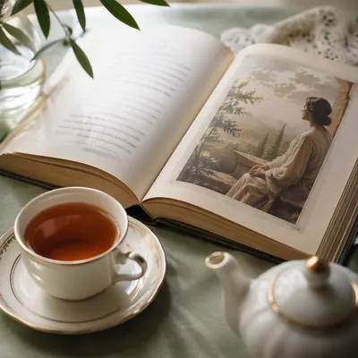 Open Book and Tea on Linen