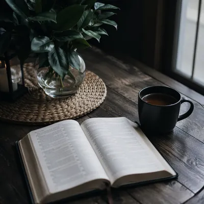 Open Book and Tea on Wooden Table