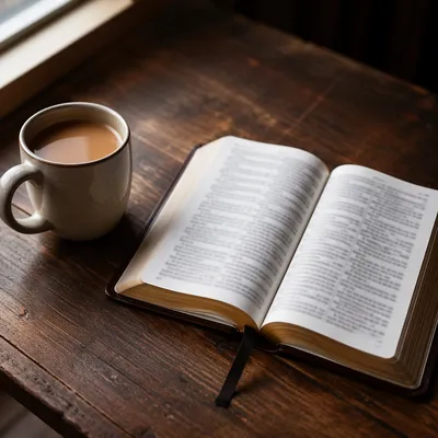 Open Book and Tea on Wooden Table