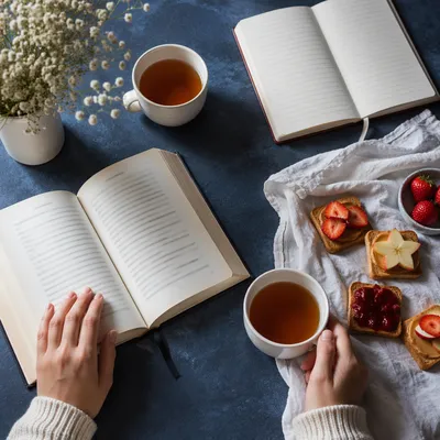 Morning Tea and Open Book Flat Lay