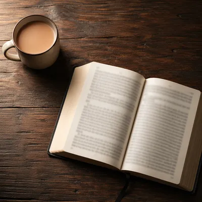Open Book and Tea on Wooden Table