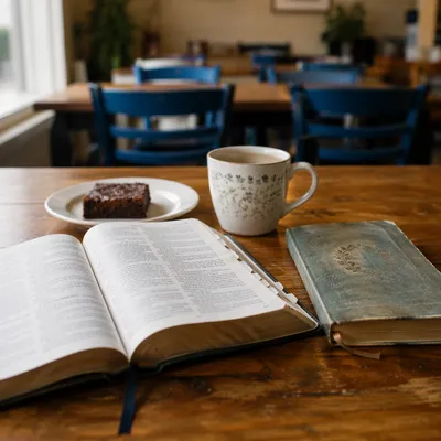 Open Book and Tea on Wooden Table