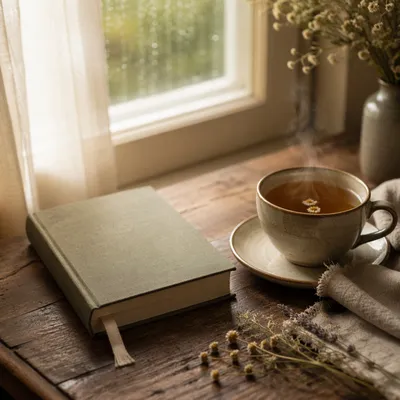 Book and Herbal Tea by Window