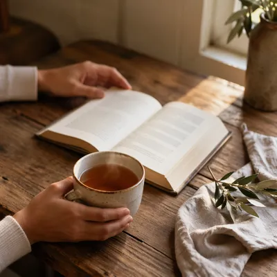 Open Book and Tea on Wooden Table