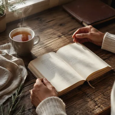 Open Book and Tea on Oak Table