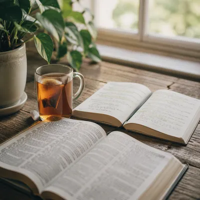 Open Books and Tea on Wooden Table