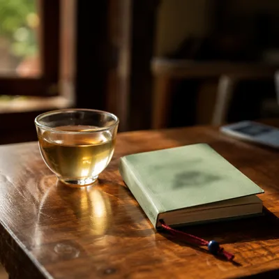 Tea Cup and Booklet on Wooden Table
