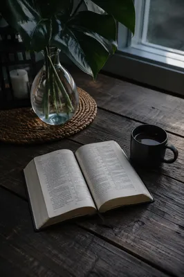 Open Book and Tea on Wooden Table